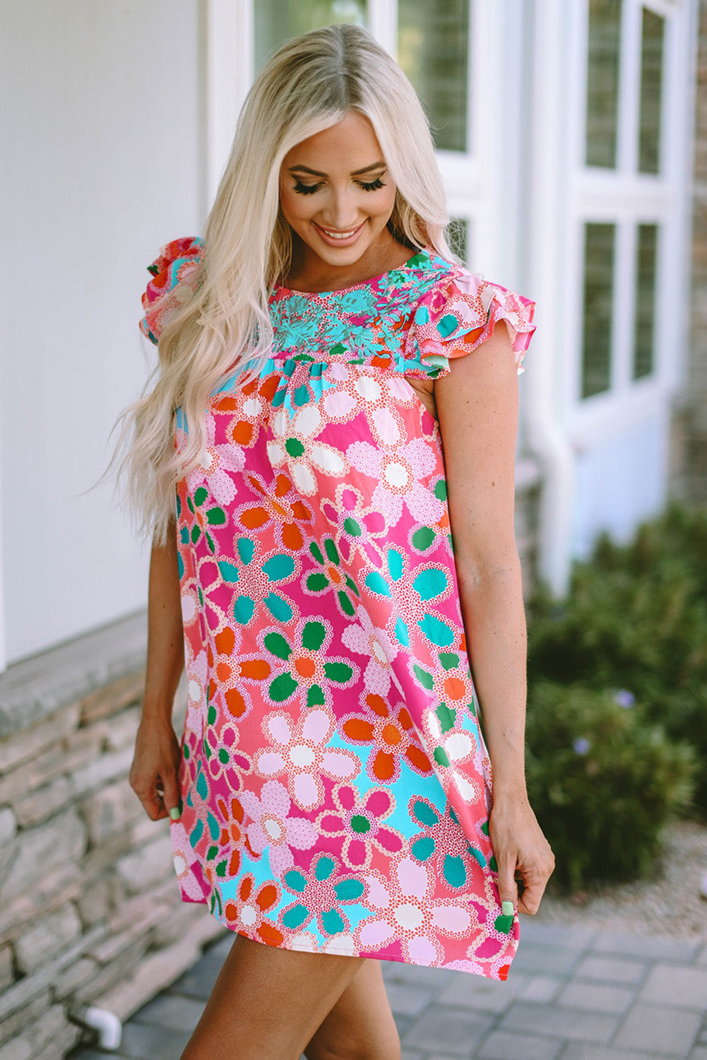 Rose Embroidered Detail Floral Print Ruffle Trim Tank Top