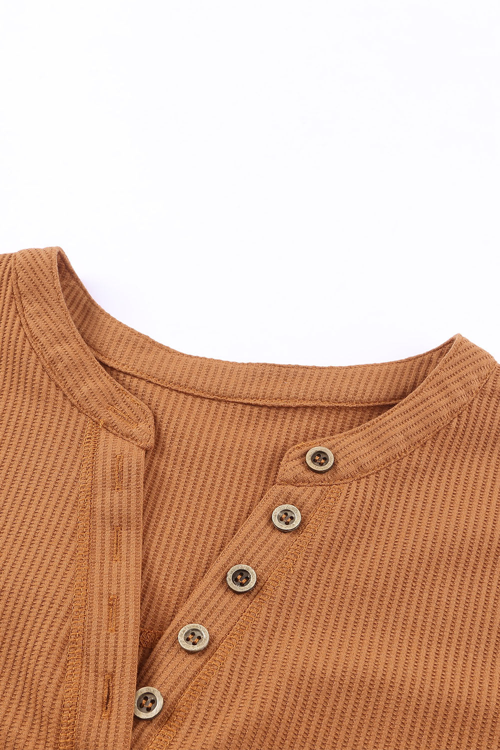 Brown Waffle Knit Half Button Henley Top