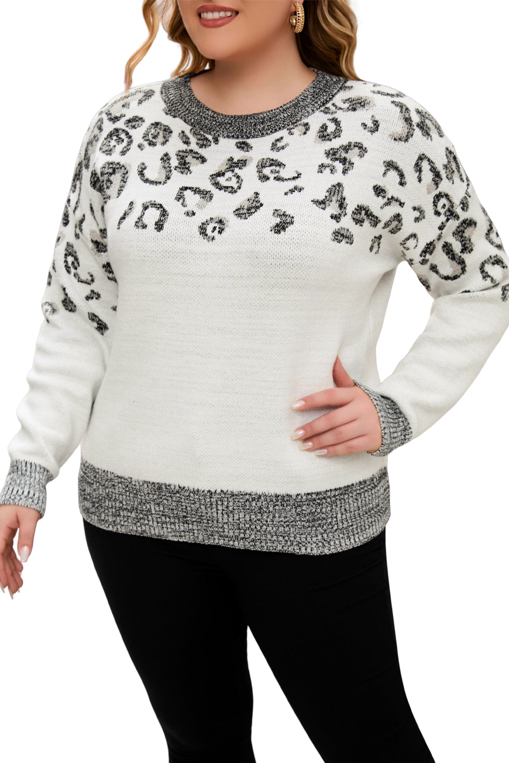 Gray Leopard Knitted O-neck Plus Size Sweater