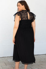 Black Plus Size Lace Bodice High Neck Flowy Pleated Dress