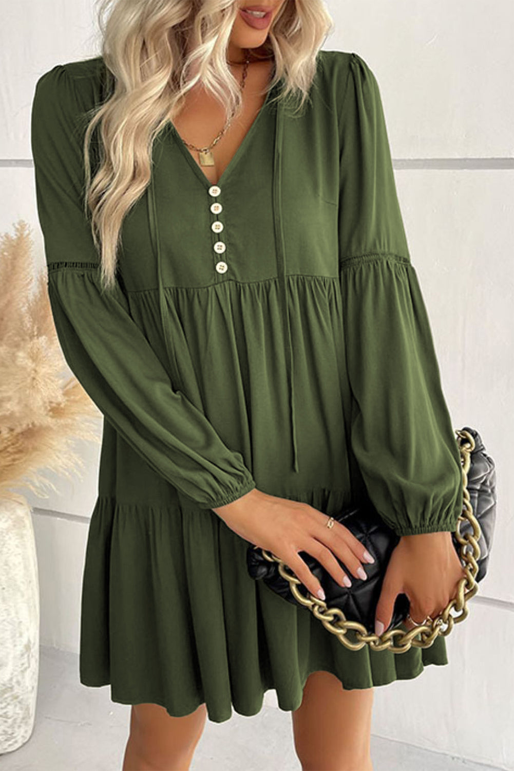 Green Lace Puff Sleeve Buttoned Tiered Ruffled Mini Dress