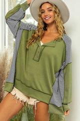 Green Striped Patch Exposed Seam Henley Sweatshirt