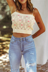 Beige Spaghetti Straps Rose Applique Crochet Knit Crop Top