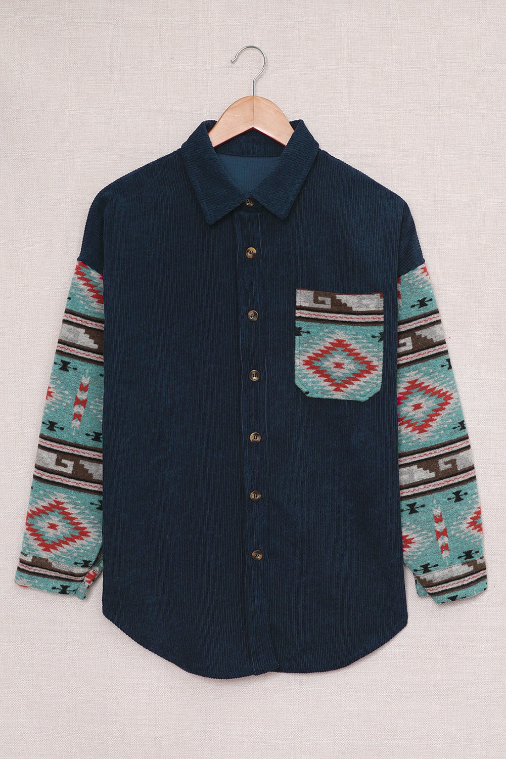 Gray  Aztec Pattern Sleeve Pocketed Corduroy Shacket