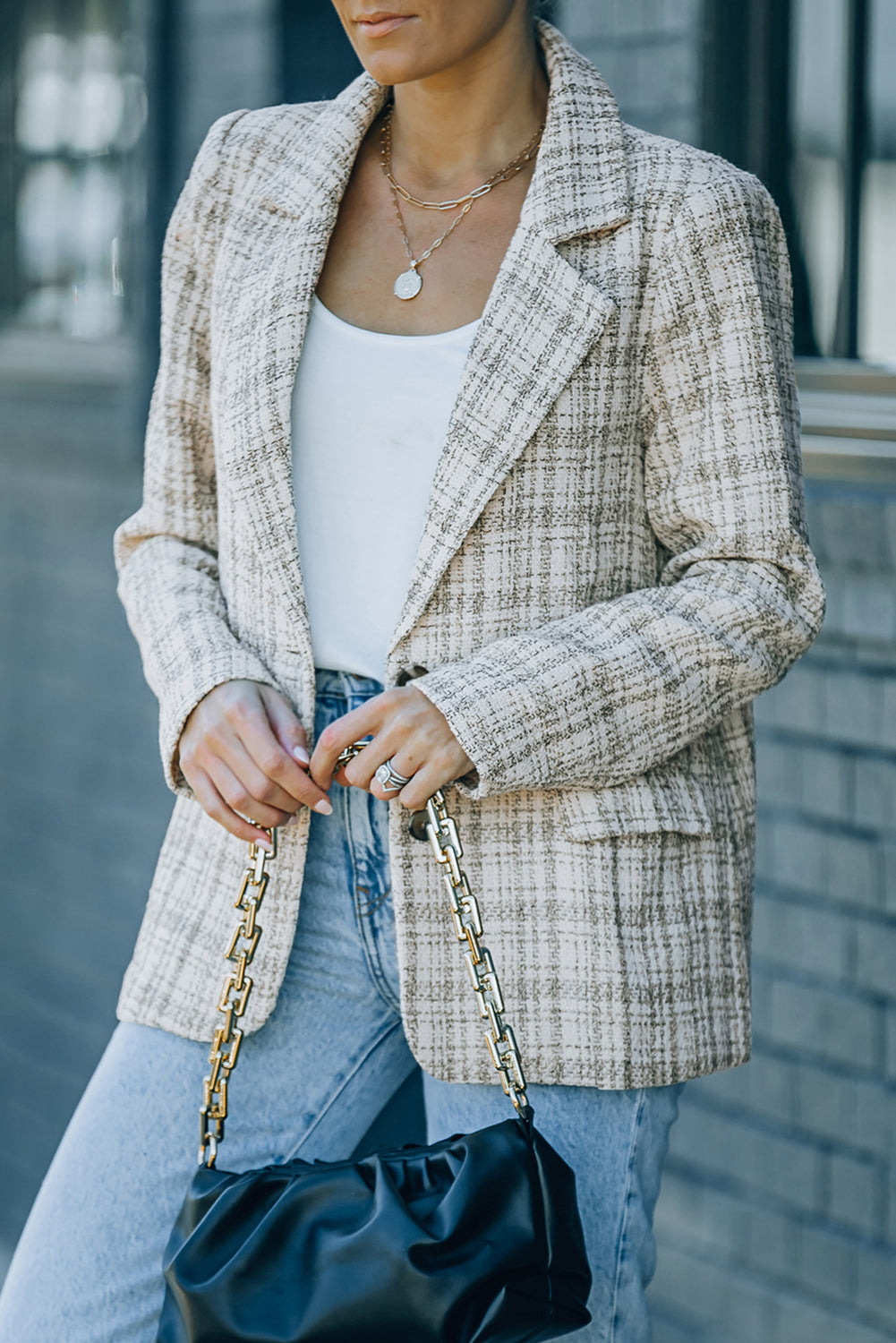 White Pockets Lapel Collar Plaid Blazer