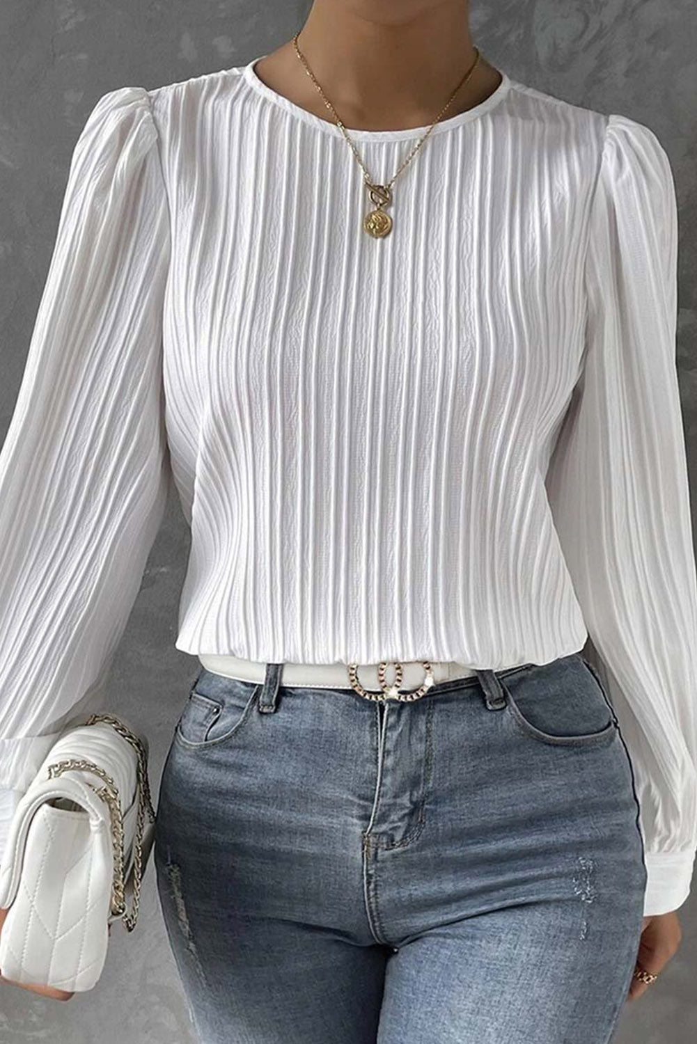 White Ribbed Crewneck Puff Long Sleeve Top