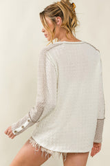 White Exposed Seam Textured Patch Buttoned Sleeve Top