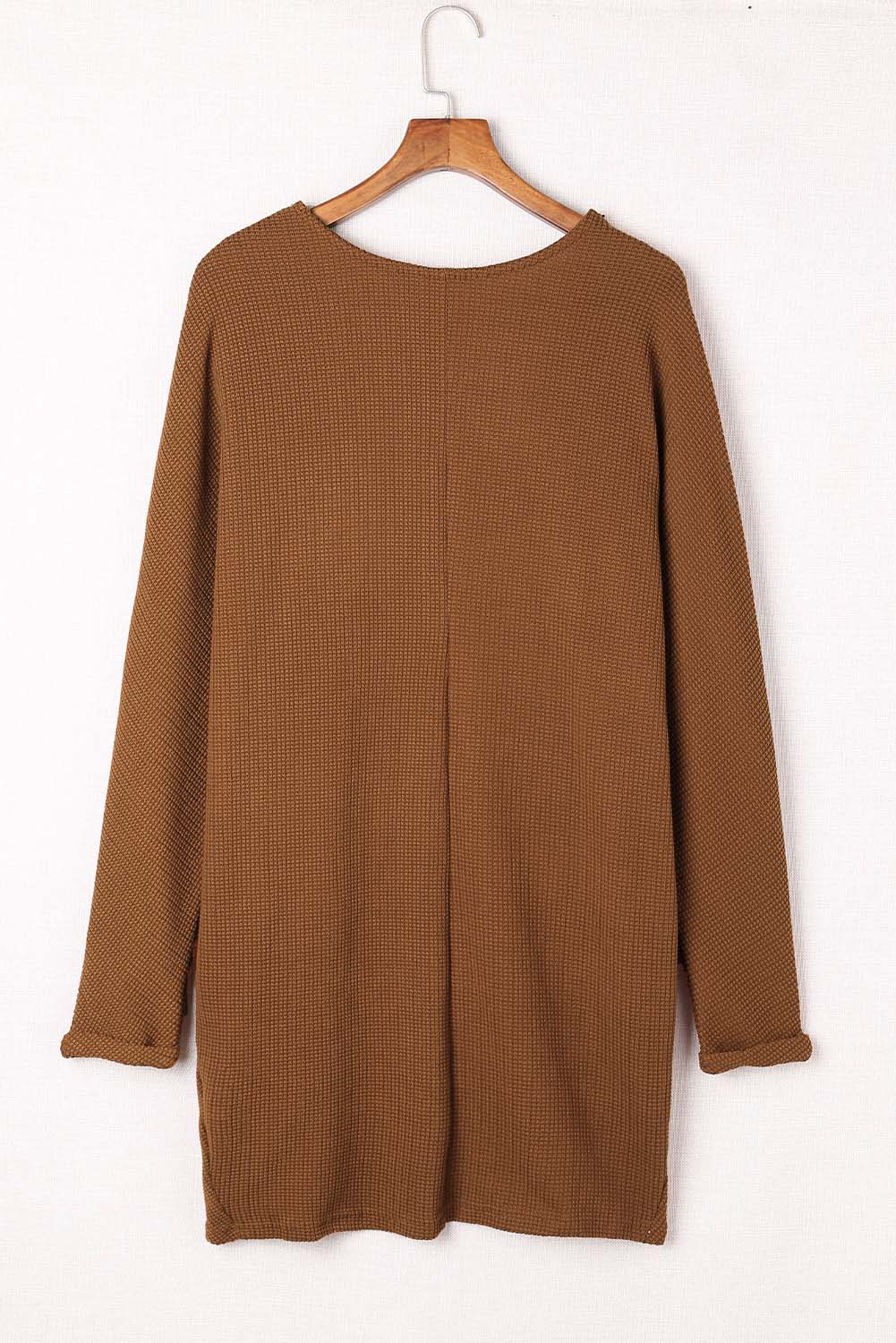 Brown Waffle Knit Open Front Rounded Hem Cardigan