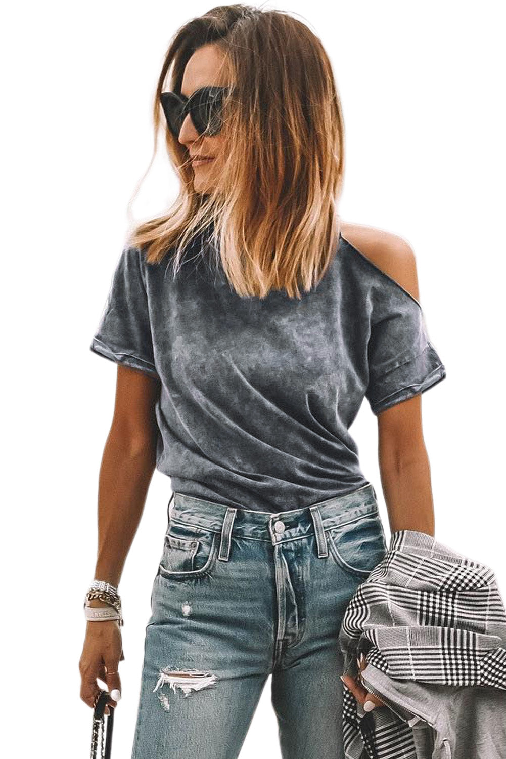 Gray Vintage Asymmetric Cold Shoulder T-shirt