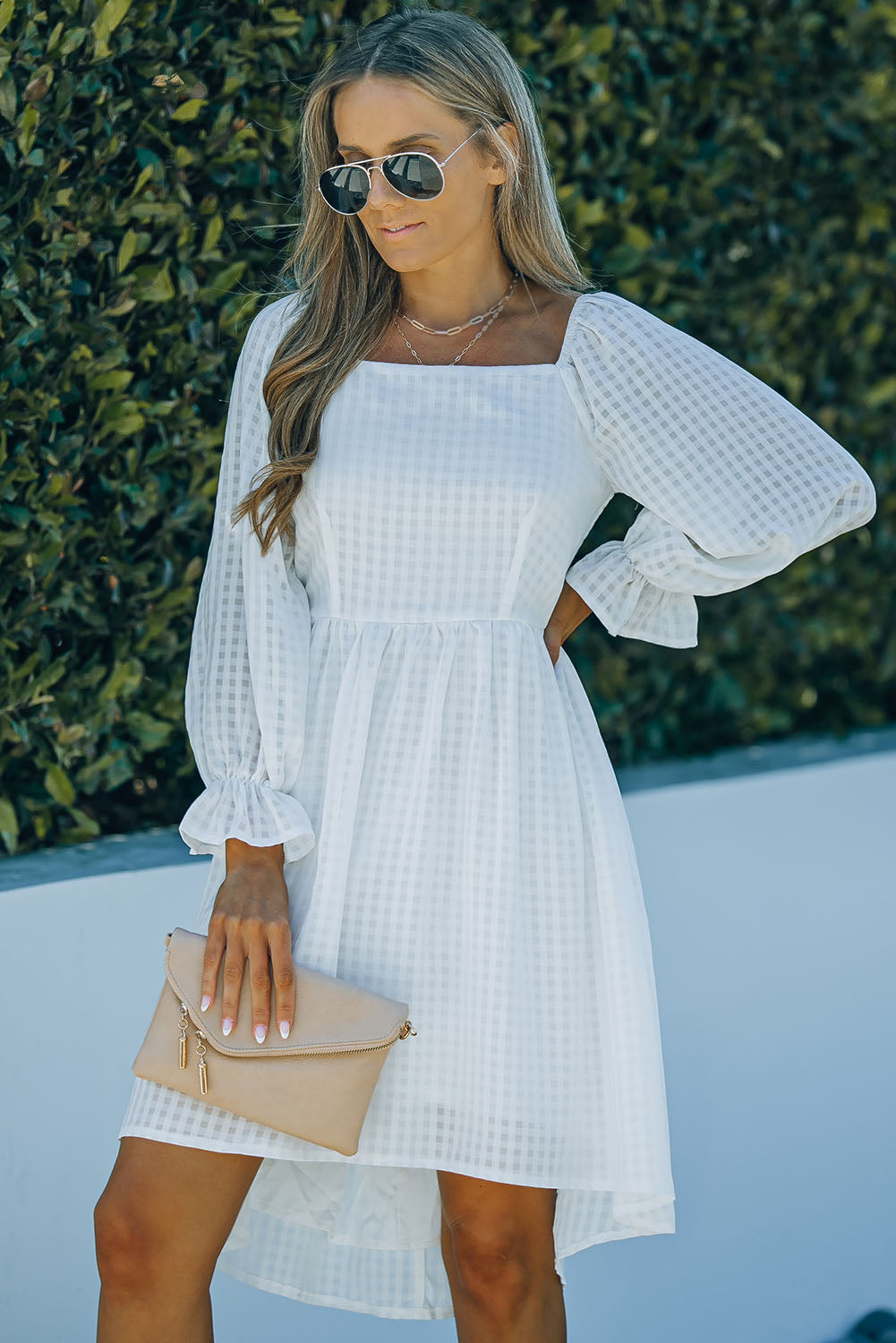 White Square Neck Smocked Back A-line Dress