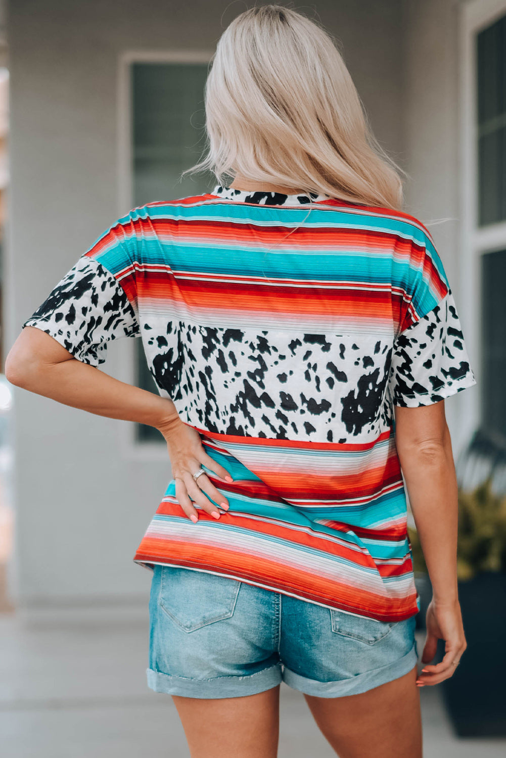 Western Serape Cow Color Block V Neck Top