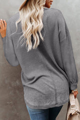 Gray Waffle Knit V Neck Long Sleeve Loose Tunic Top