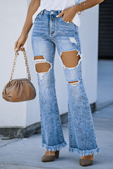 Sky Blue Distressed Damage Holes Raw Flare Leg Jeans