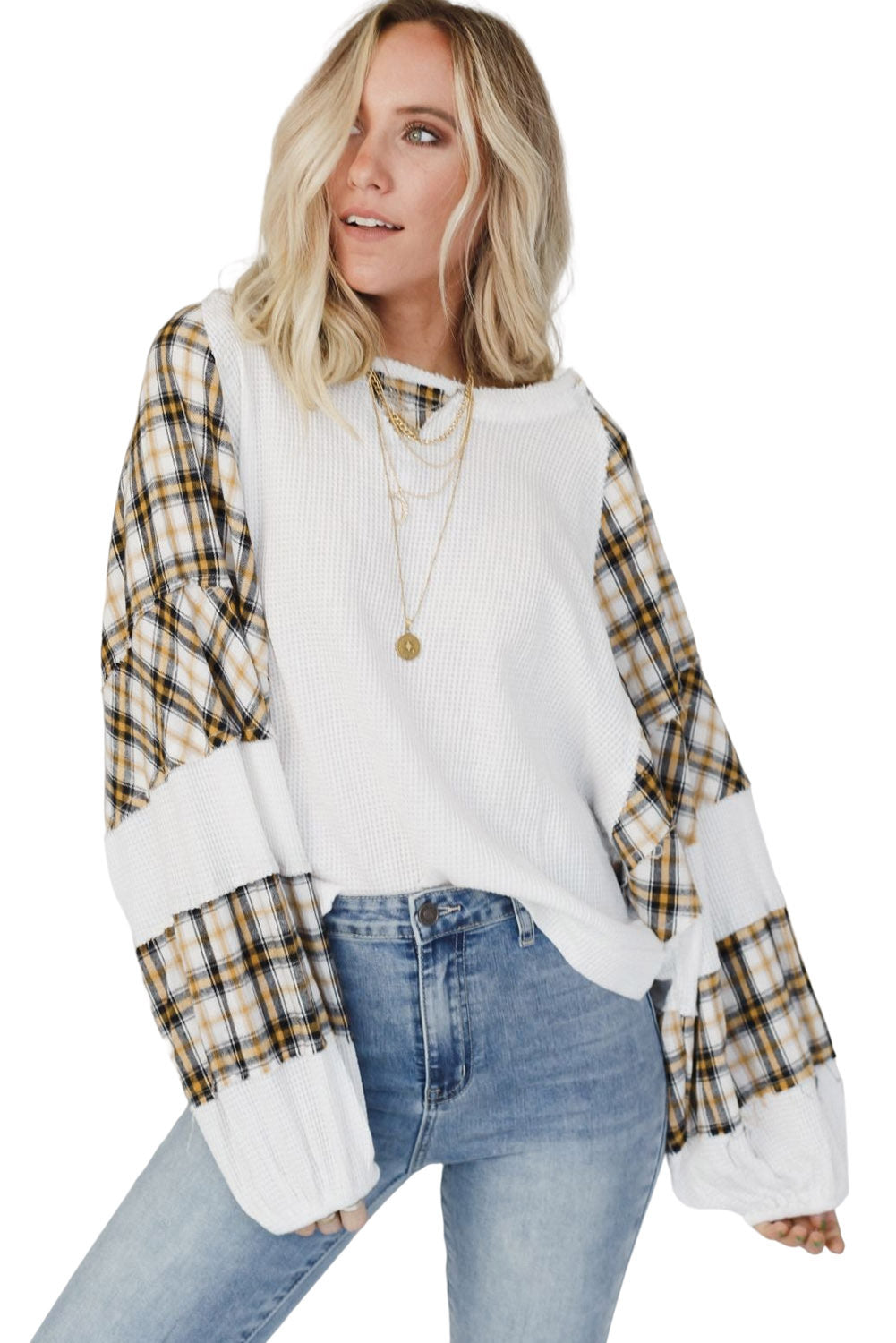 Green Plaid Patch Waffle Knit Exposed Seam Bubble Sleeve Top