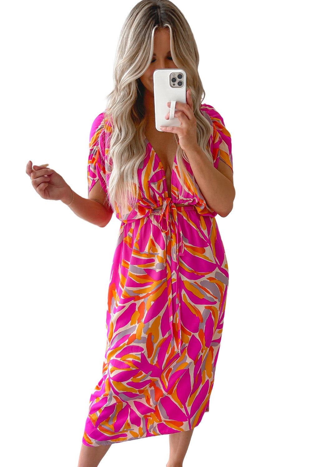 Rose Tropical Leafy Print Drawstring V Neck Midi Dress