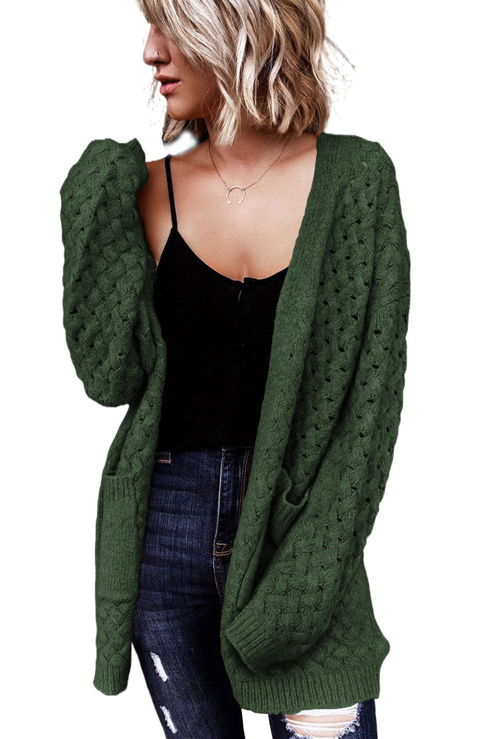 Gray Open Front Woven Texture Knitted Cardigan with Pockets