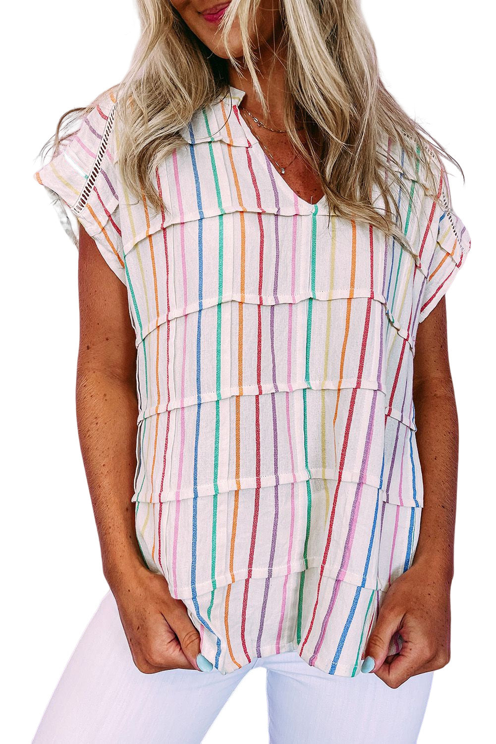 Multicolor Striped Pintuck Tiered Cap Sleeve Blouse