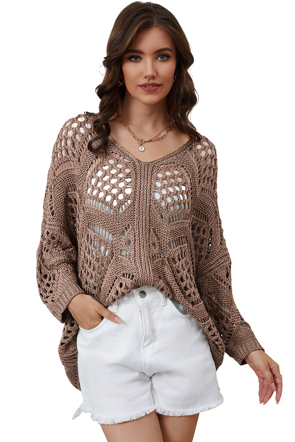 Khaki Hollowed Knit V Neck Dolman Sleeve Sweater