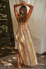 Yellow Boho Floral Print Smocked Front Slit Maxi Tank