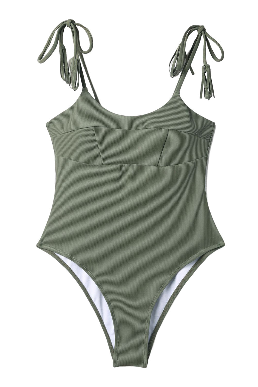 Green Tassel Tie Straps Ribbed One Piece Swimsuit