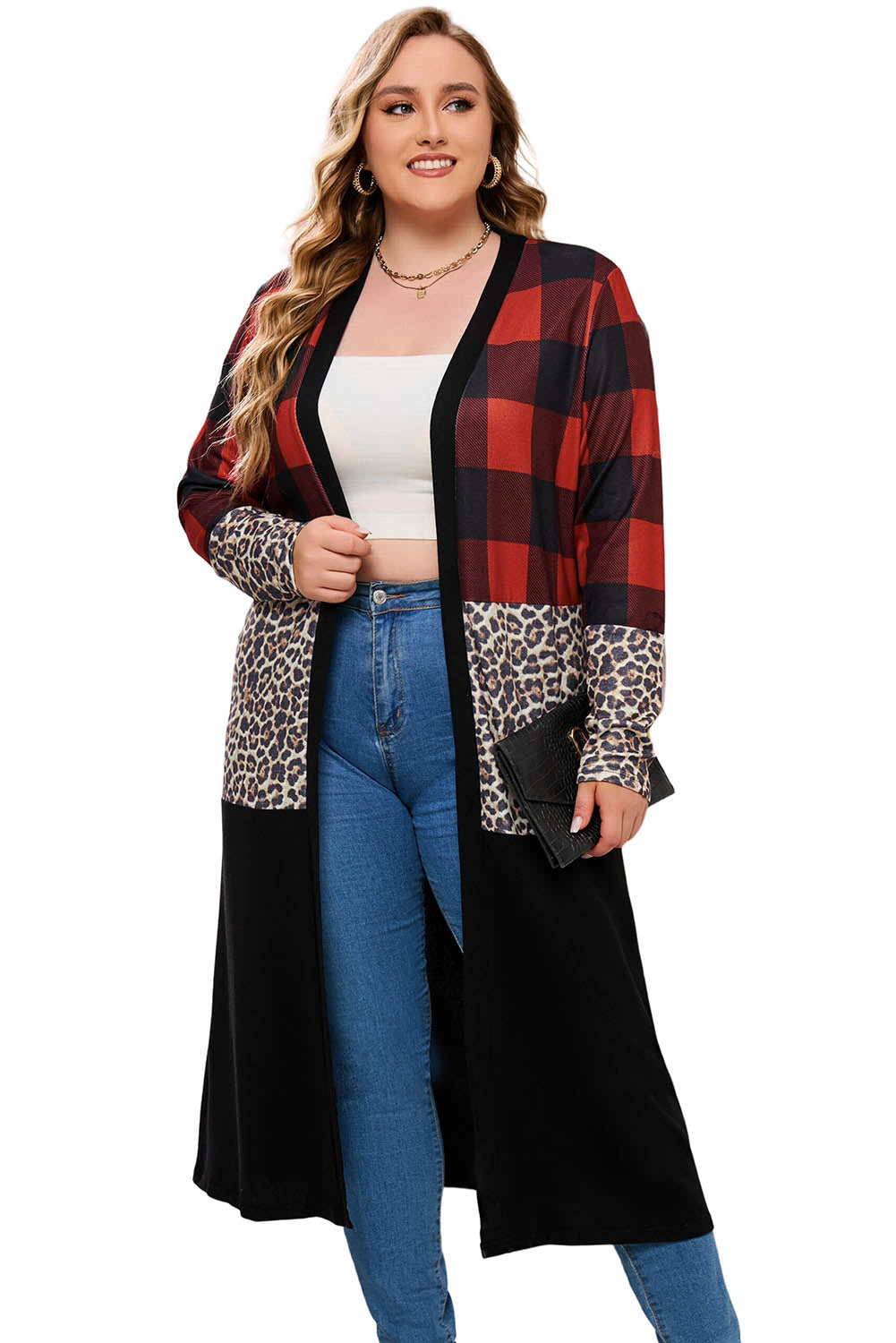 Red Buffalo Plaid Leopard Colorblock Plus Size Duster Cardigan