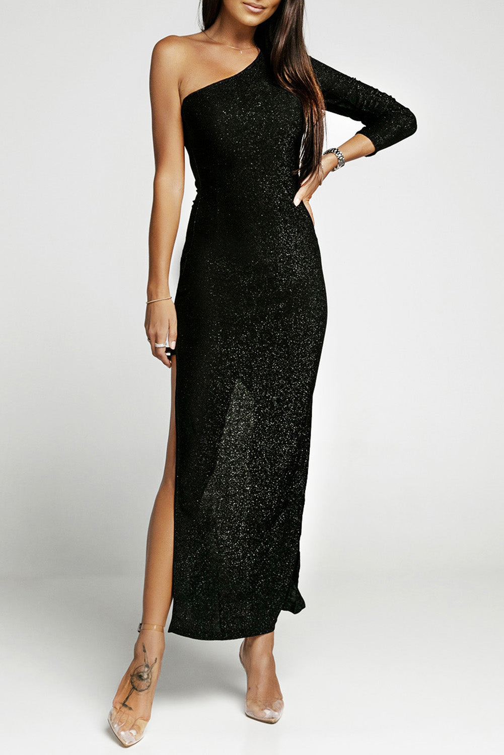 Black One-shoulder Glitter Metallic Asymmetric Long Dress