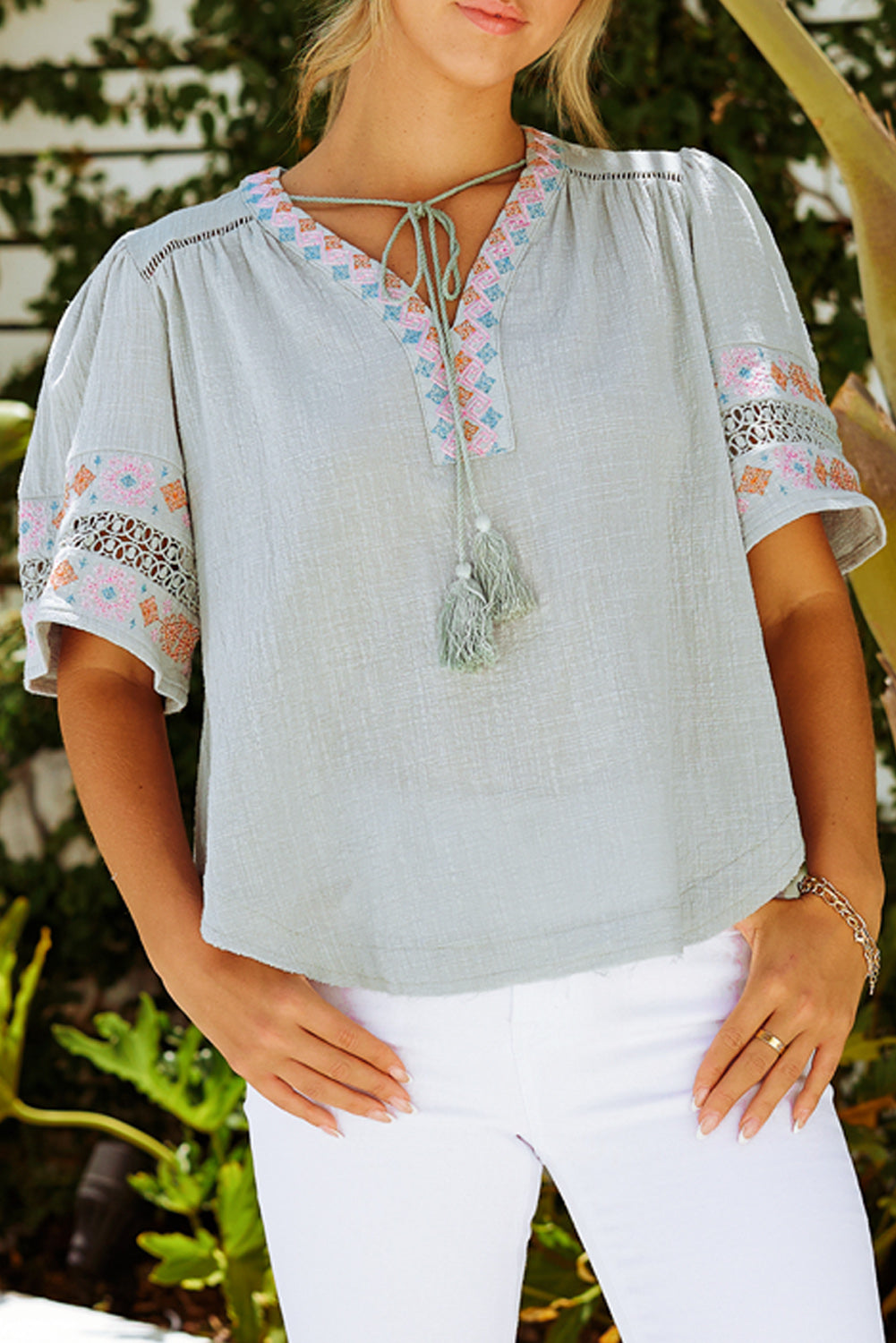 Beige Tassel Drawstring Embroidered Half Sleeve V Neck Top