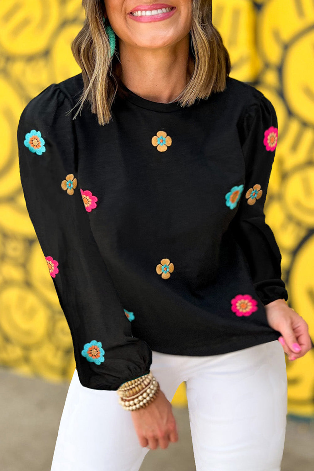Black Embroidered Flower Short Puff Sleeve Tee