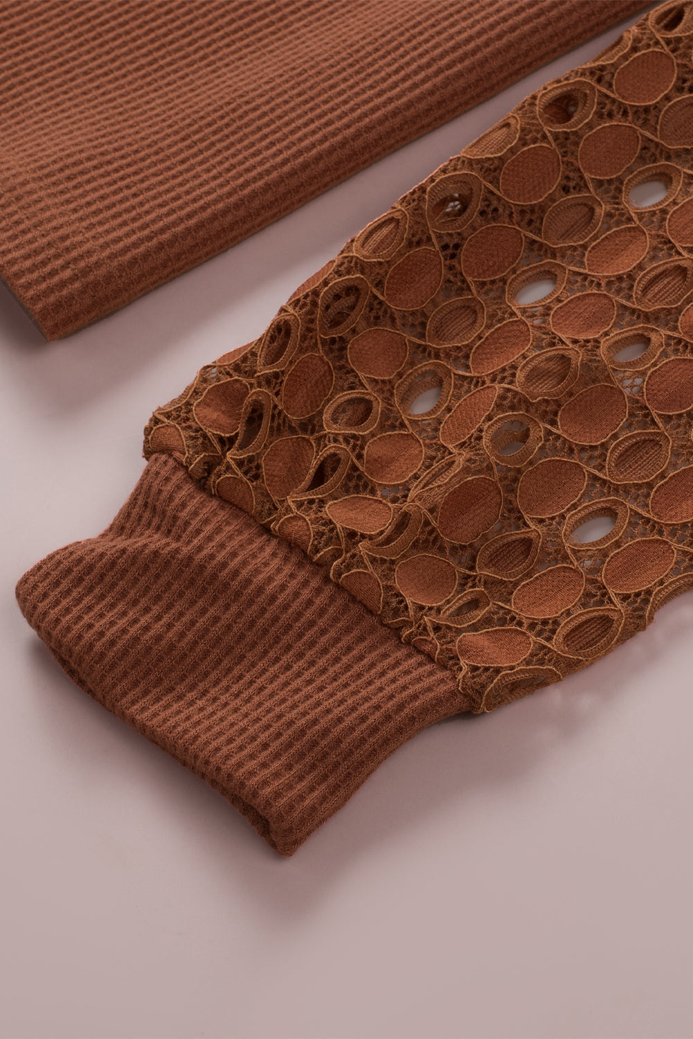 Brown Lace Contrast Long Sleeve Waffle Knit Top