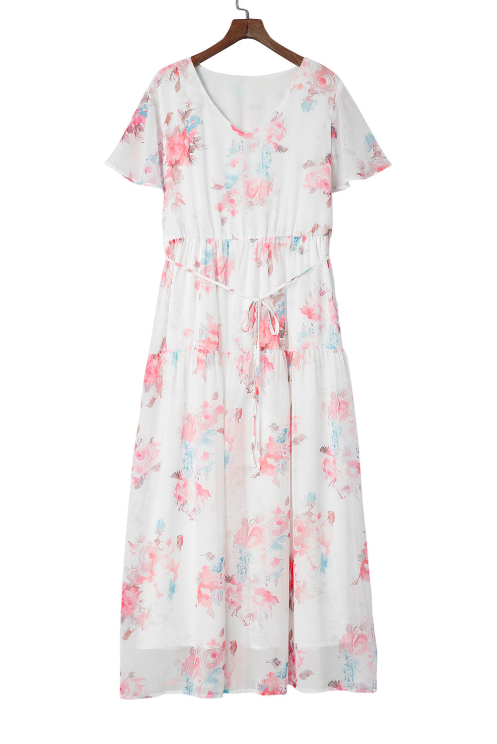 White V Neck Short Sleeves Floral Print Maxi Dress