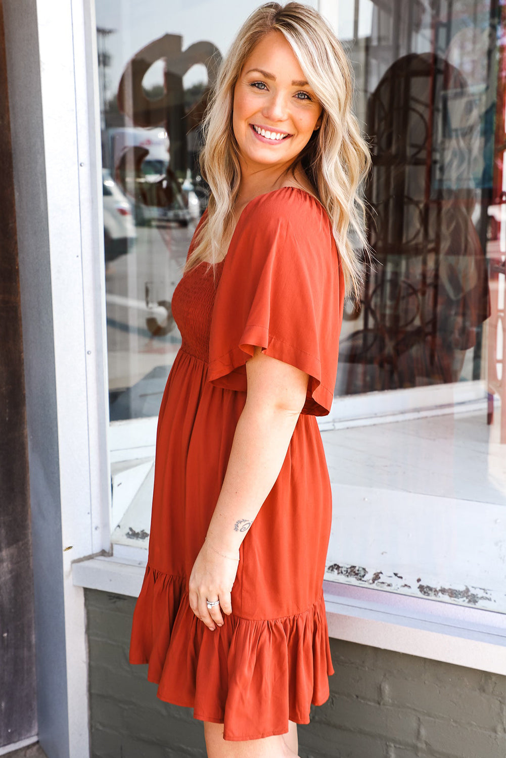 Orange Smocked High Waist Pocketed Ruffle Mini Dress