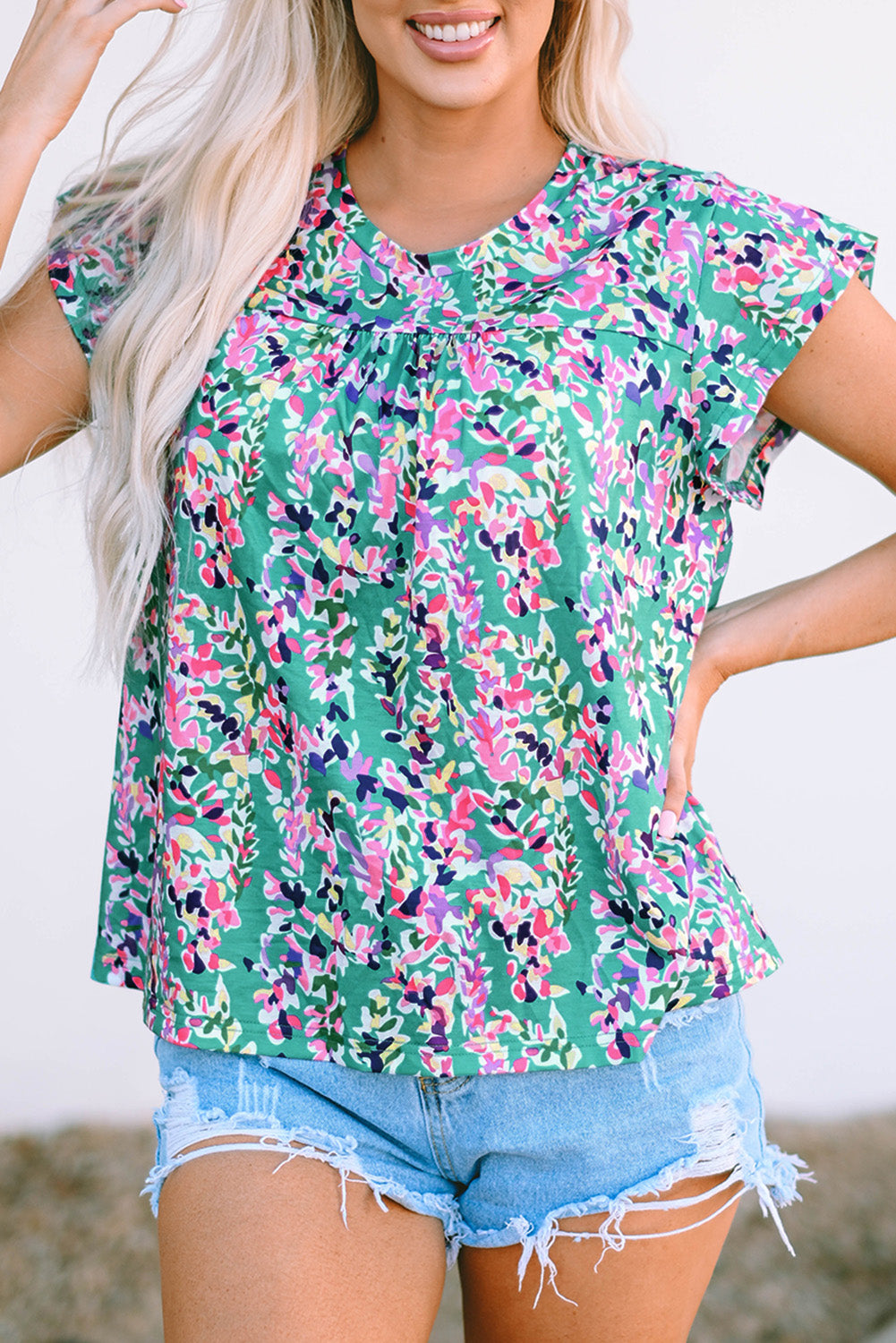 Sky Blue Floral Print Ruffled Short Sleeve Babydoll Top