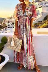 Multicolor Boho Vacation Mixed Print Deep V Maxi Dress