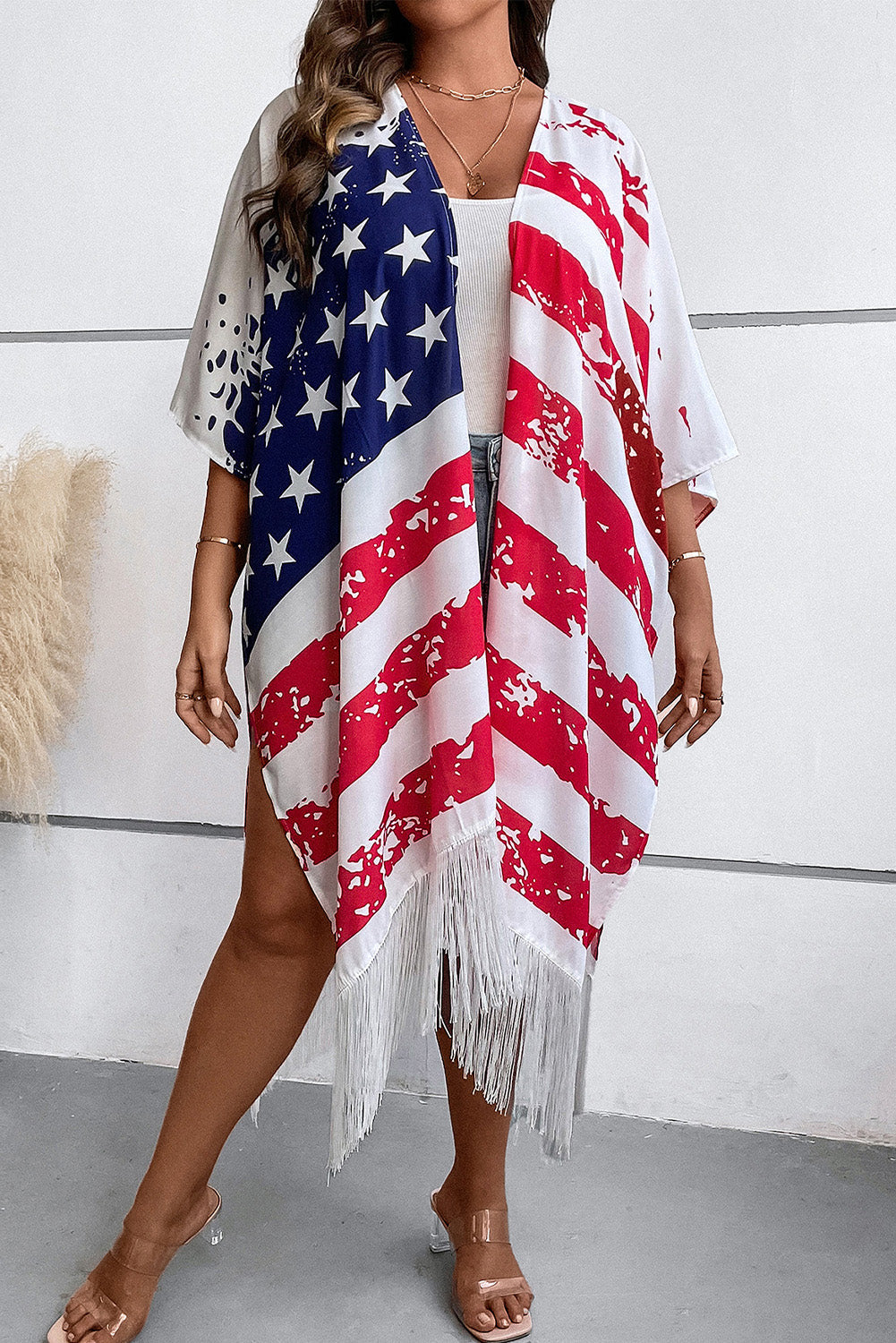 Multicolor Plus Size American Flag Tasseled 3/4 Sleeve Cardigan