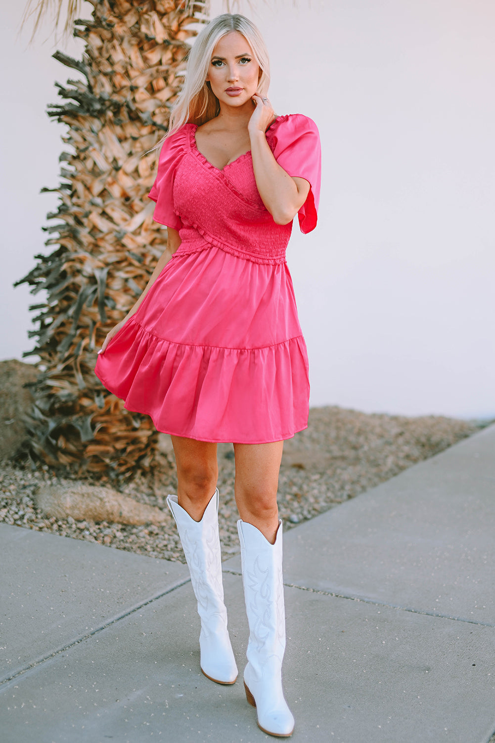 Rose Crossover Smocked Flutter Sleeve Mini Dress