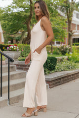 Apricot Sleeveless Buttoned Ribbed Wide Leg Jumpsuit with Pockets