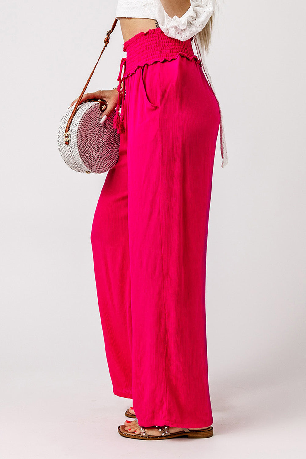 Rose Smocked Elastic Waist Wide Leg Pants