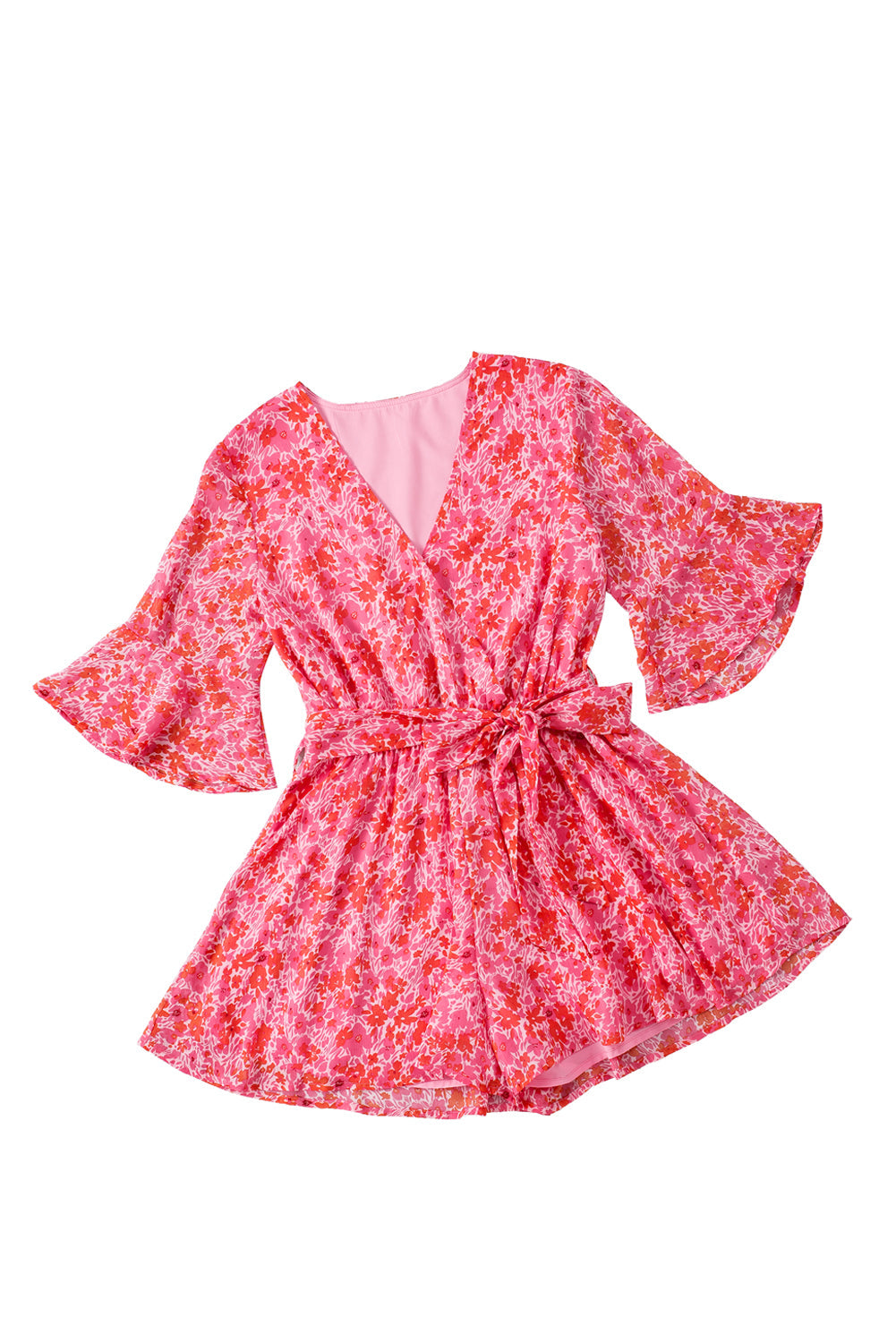 Pink V Neck Ruffled Sleeve Floral Romper