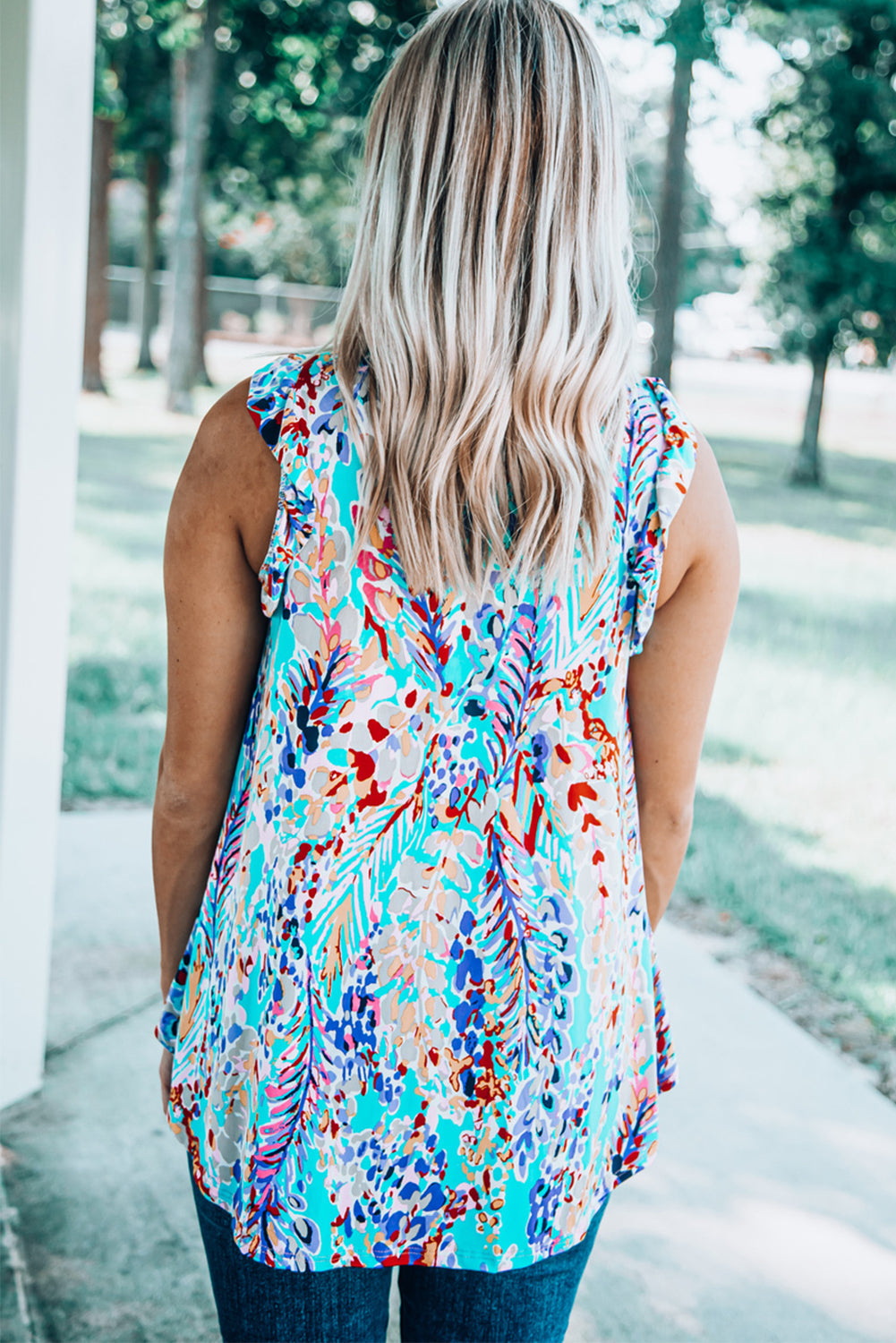 Blue Floral Print Tank Top with Ruffles