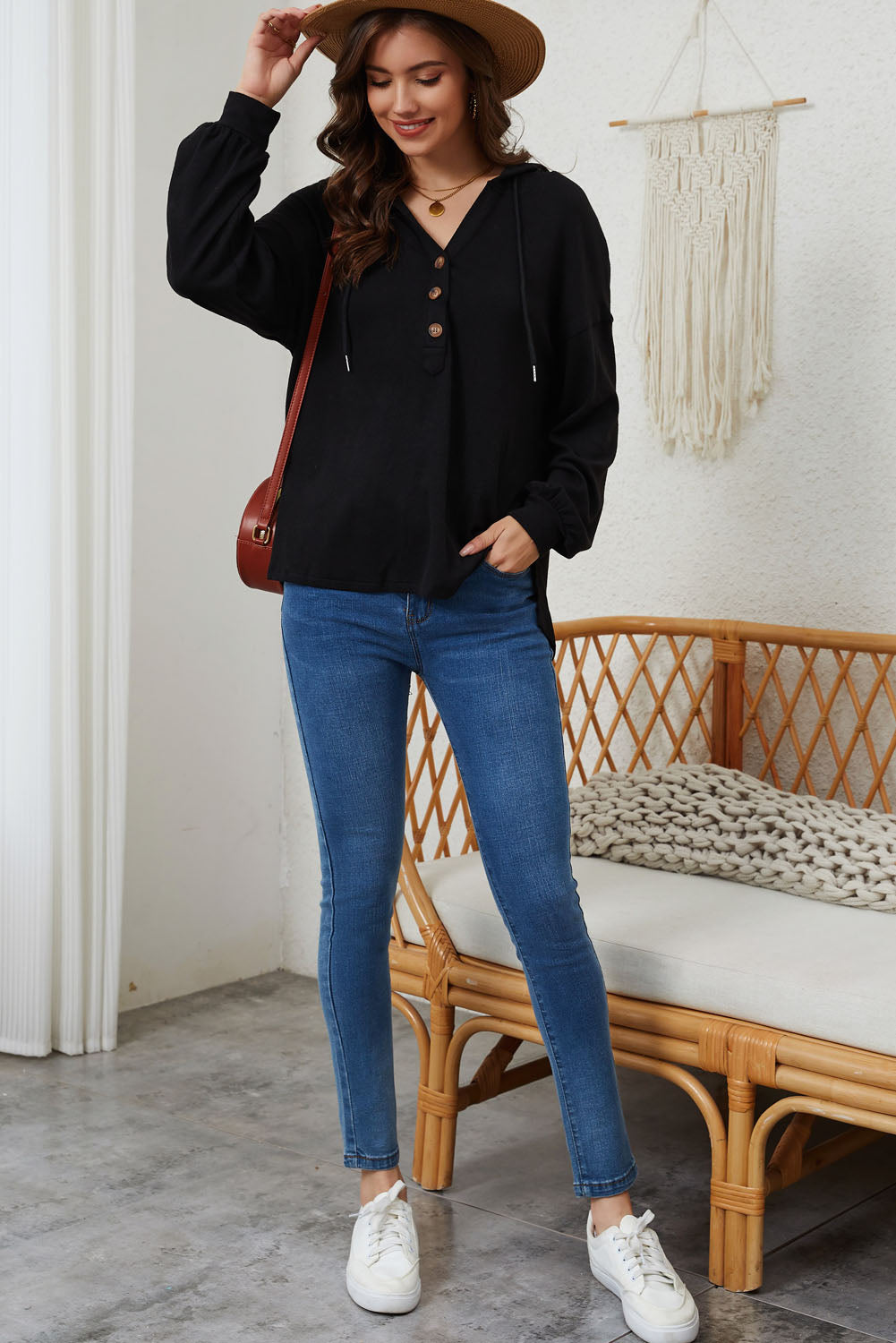 Buttoned High and Low Hem Hoodie