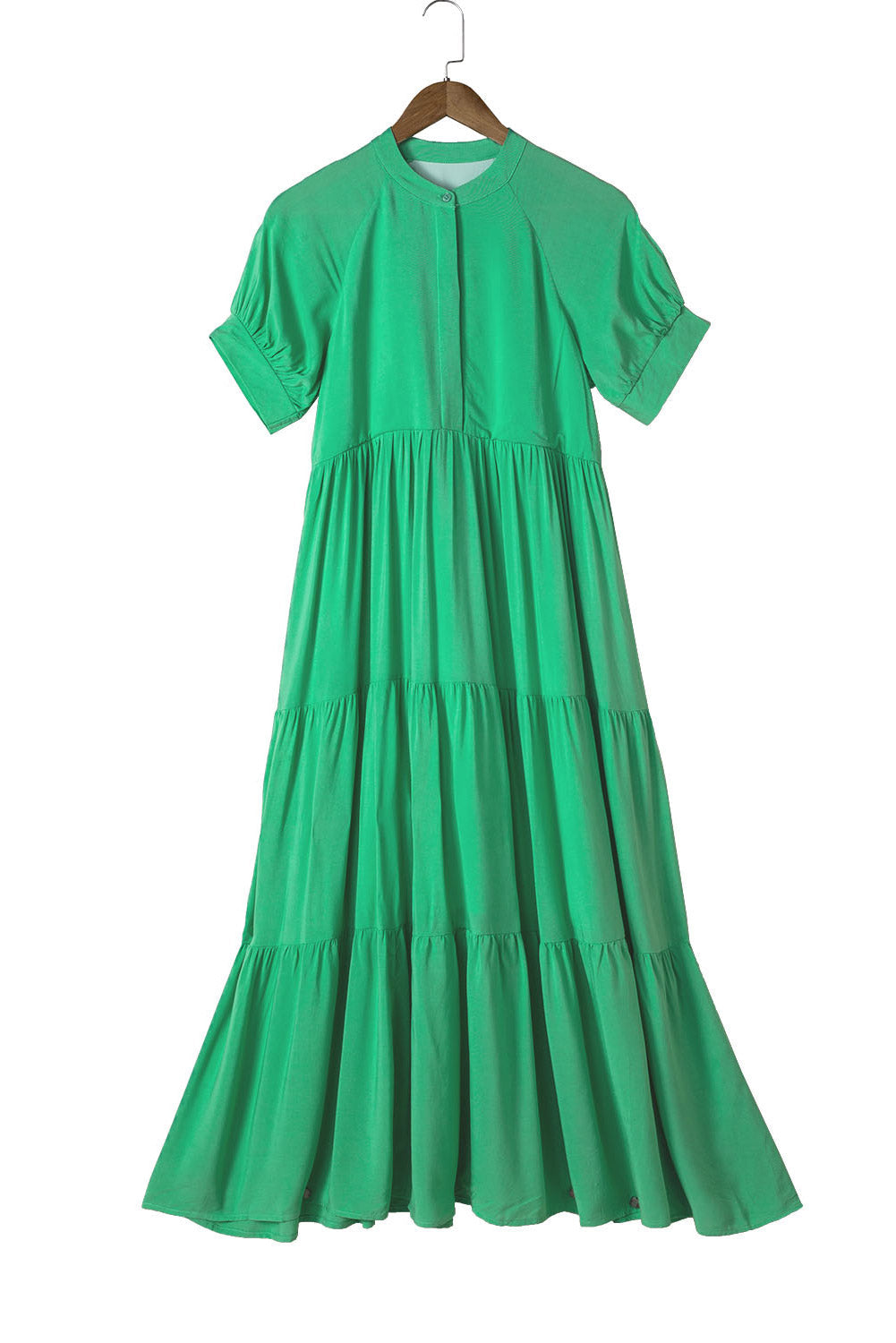 Green Notch V Neck Bubble Sleeve Tiered Maxi Dress