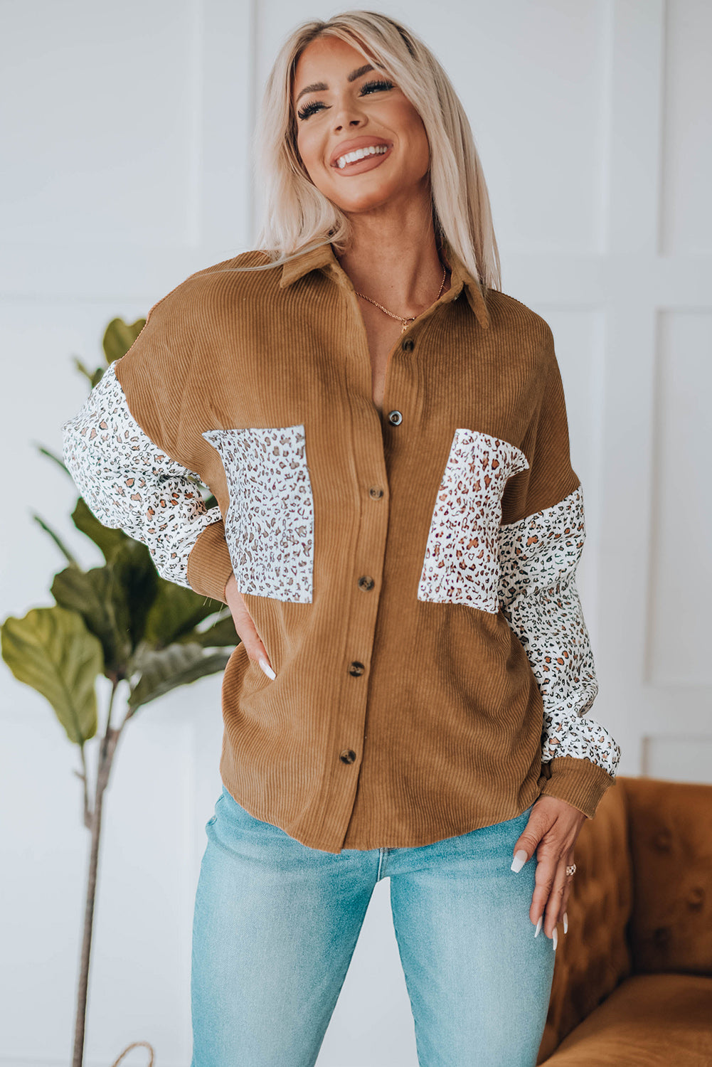 Gray Leopard Patchwork Corduroy Buttoned Shirt Jacket
