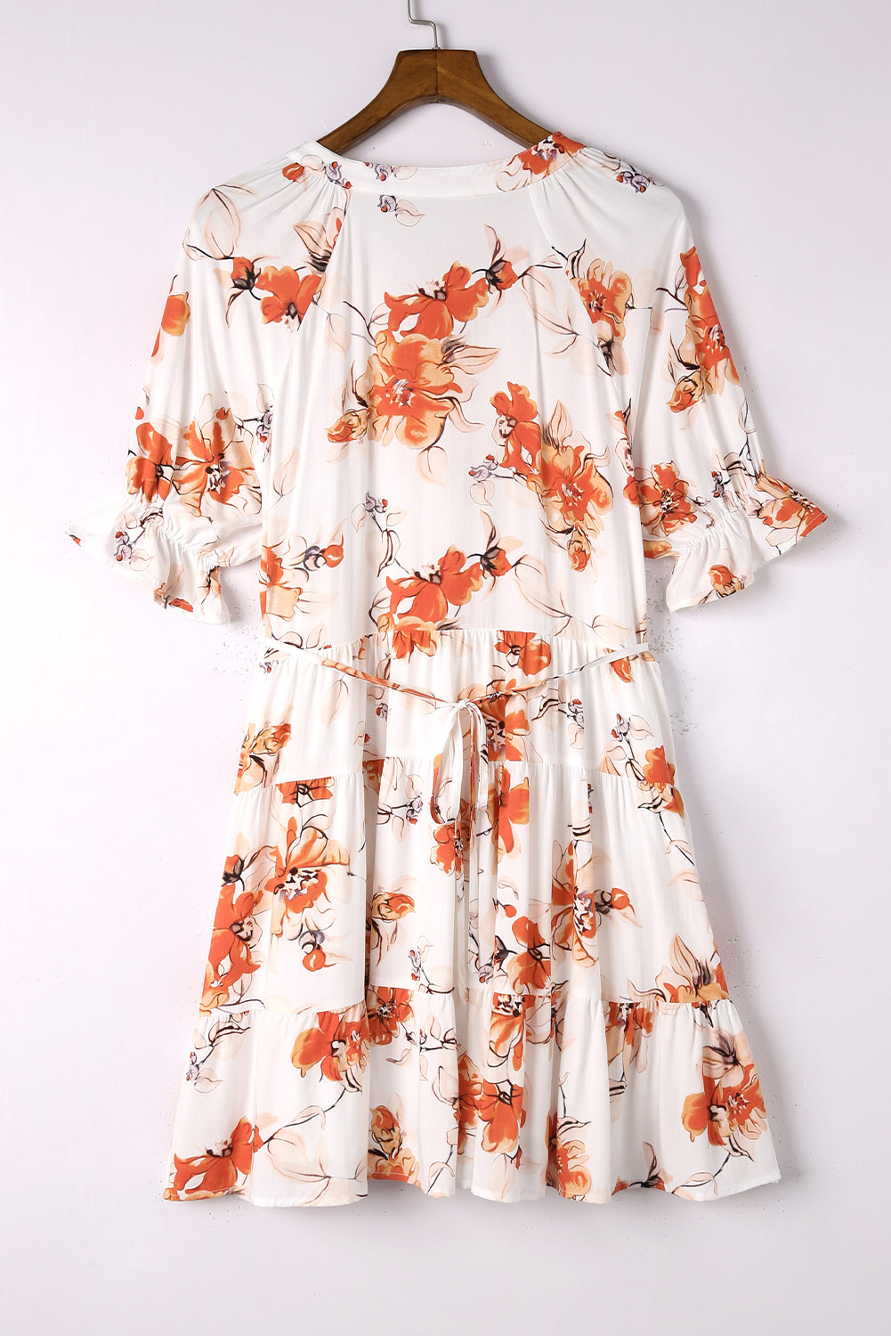 Beige Blooming Floral Tassel Tie Babydoll Dress