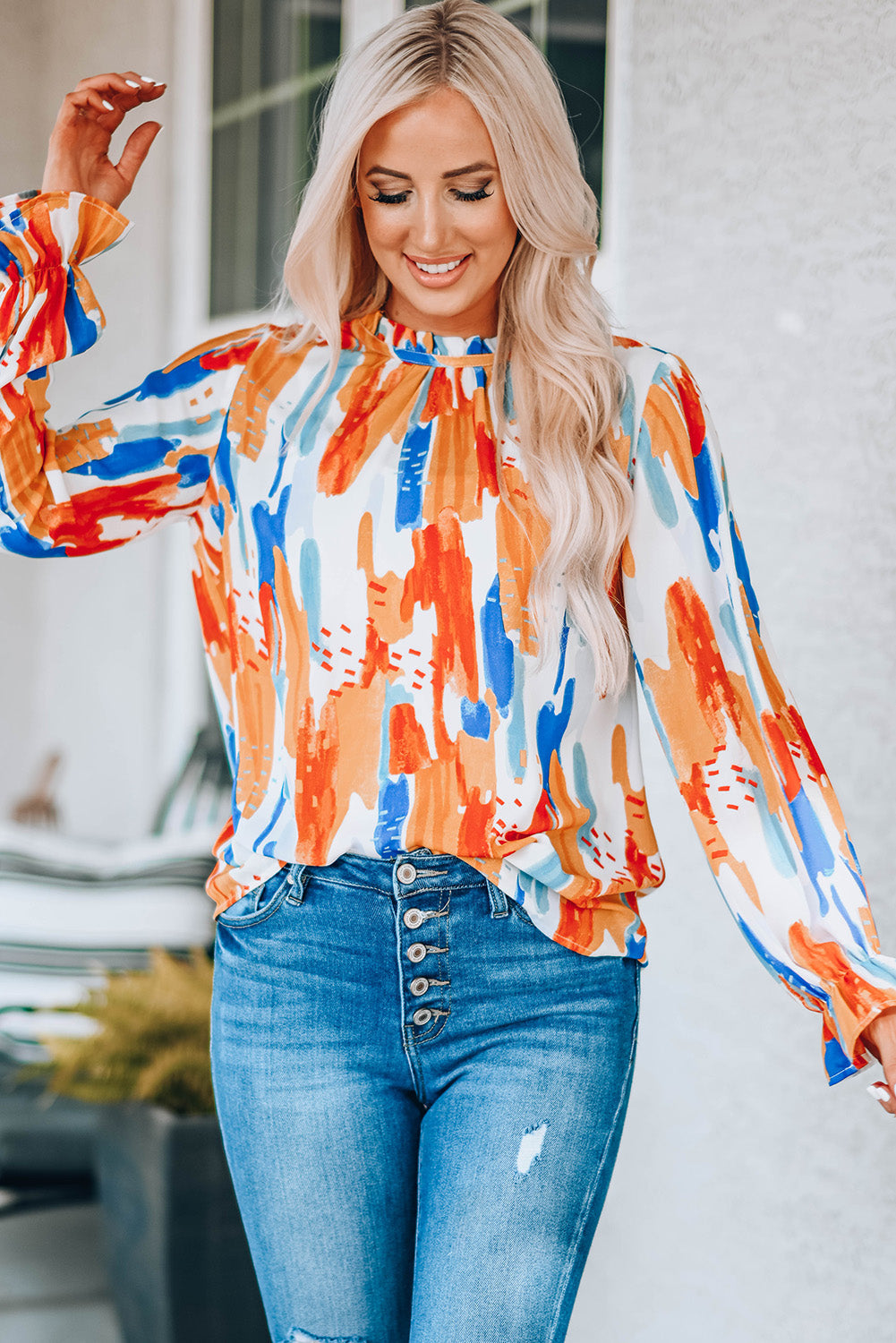 Multicolor Multicolor Printed Ruffle Trim Long Sleeve Top