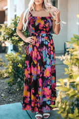 Black Smocked Tie-dye Print Midi Dress