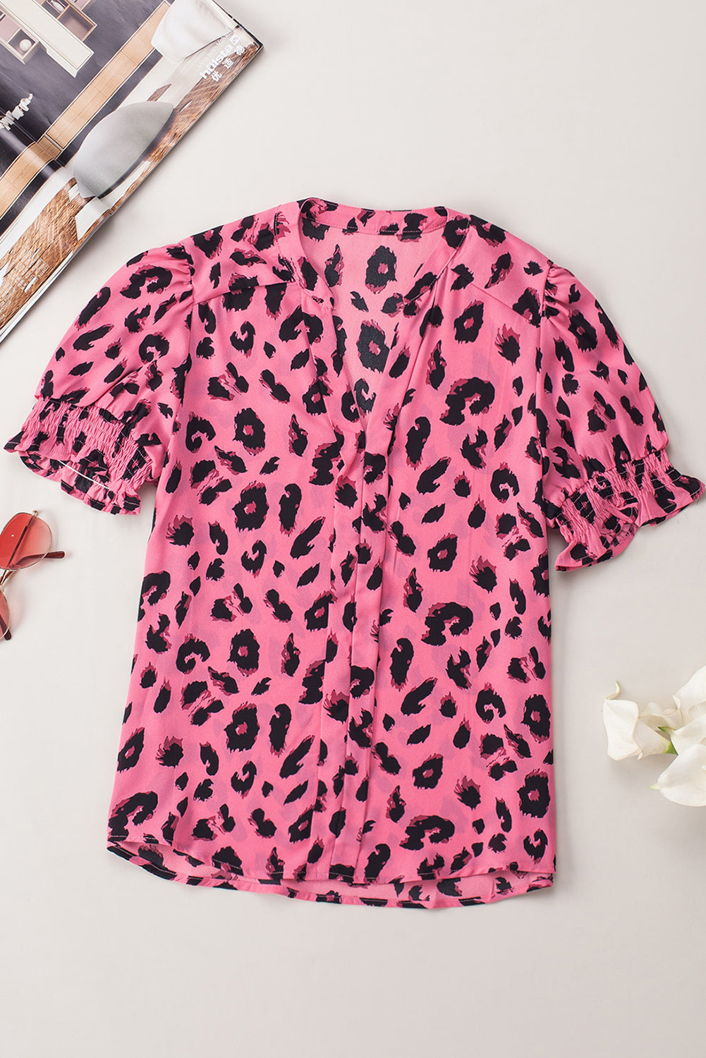 Pink Leopard Notch Neck Bubble Sleeve Blouse