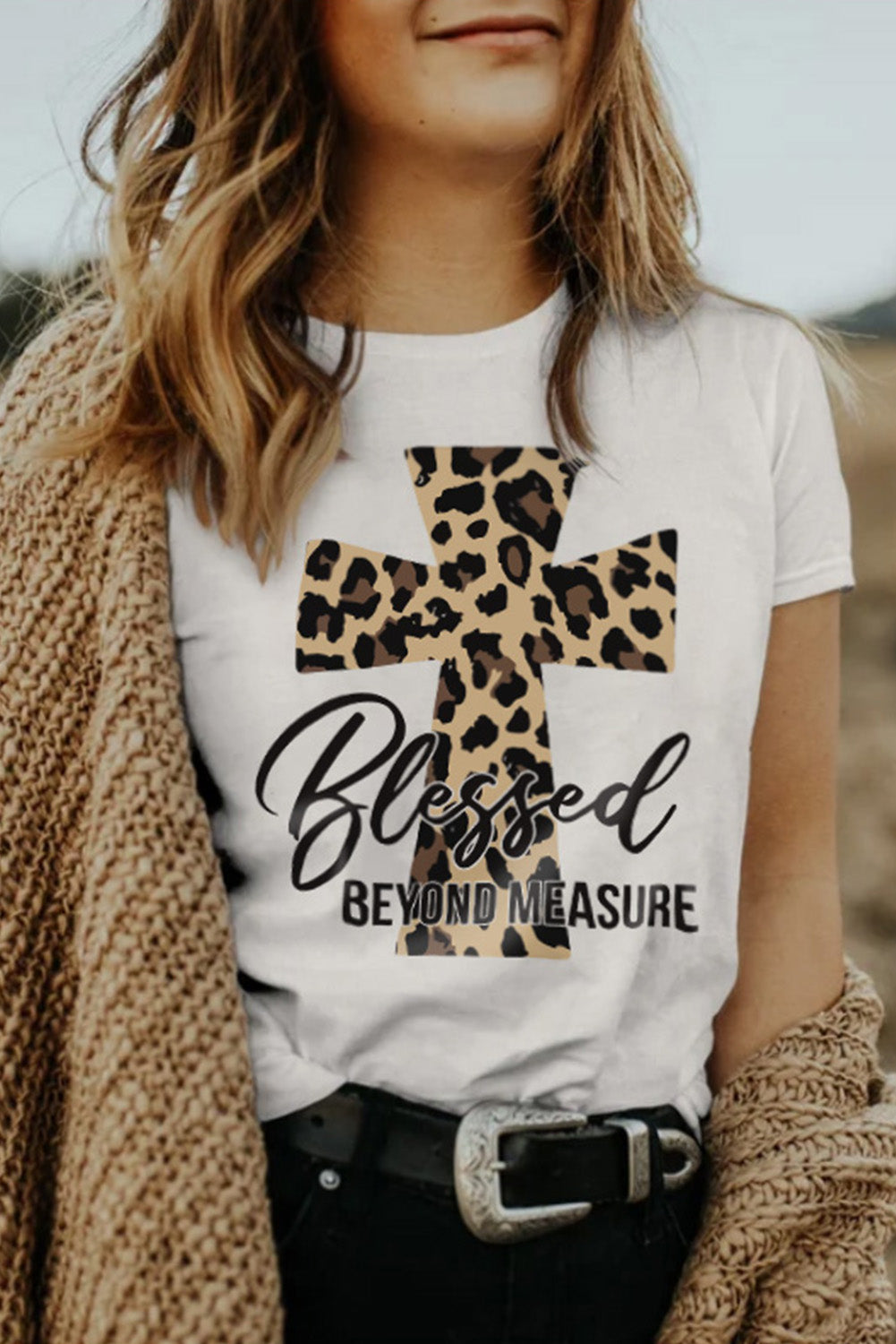 White Blessed Leopard Cross Graphic T Shirt