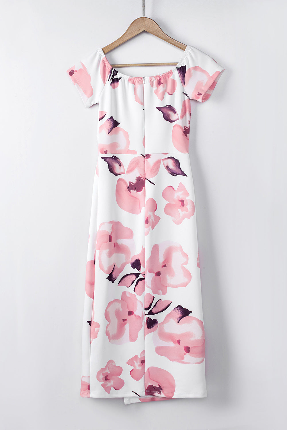 Pink Floral Print Off Shoulder Slit Bodycon Midi Dress