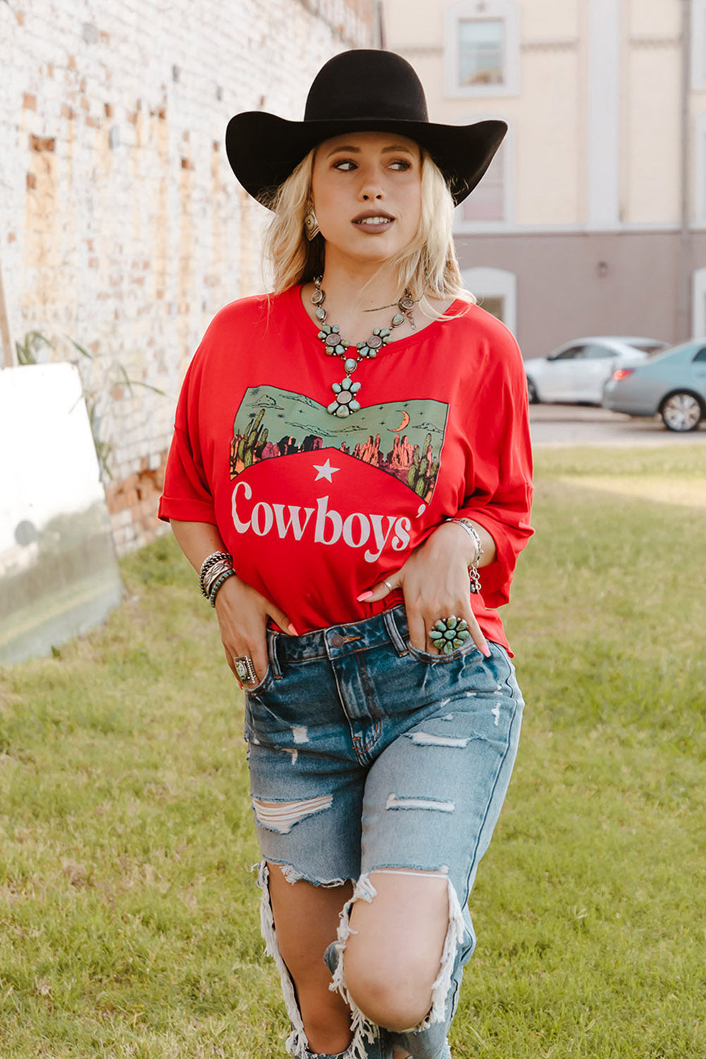 Red Cowboys Graphic Crew Neck Short Sleeve Tops