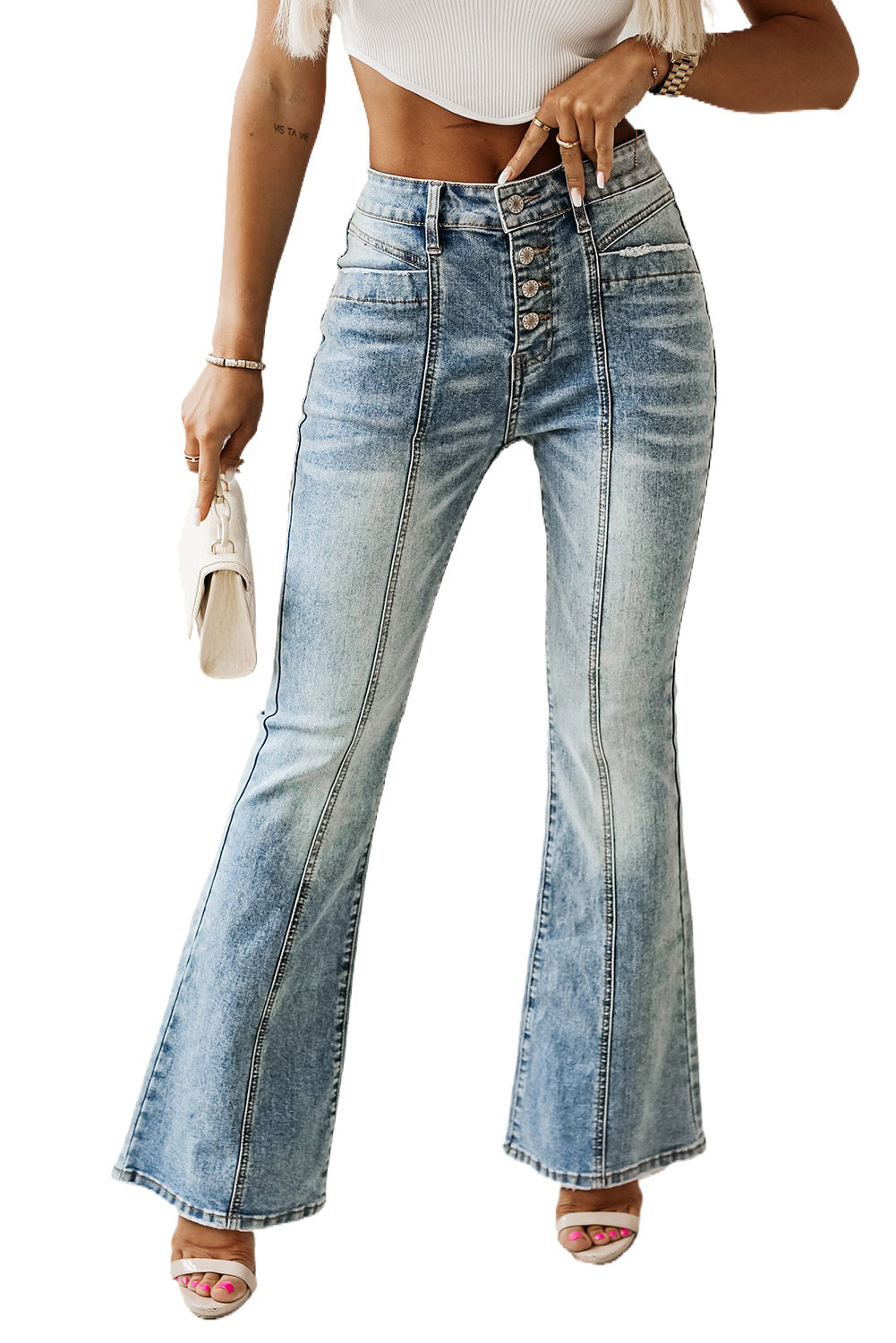 Sky Blue Button Fly Seamed Flare Jeans